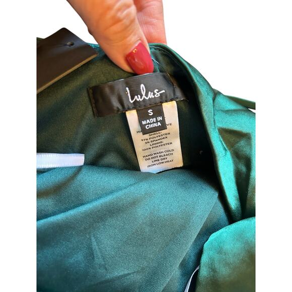 Lulus Fondly Loved Dark Green Satin Wrap Maxi Dress - Size S - Picture 3 of 16